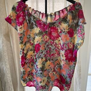 LC Lauren Conrad Floral Blouse - Pink, Orange, Yellow, size xl